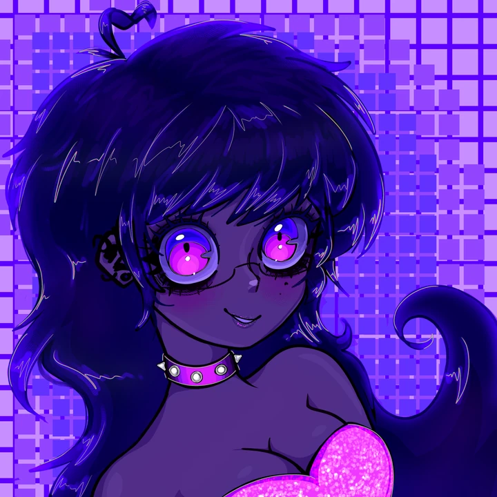 Ilustración: Personaje de cabello oscuro, orejas de gato y ojos violetas sobre un fondo cuadriculado.
